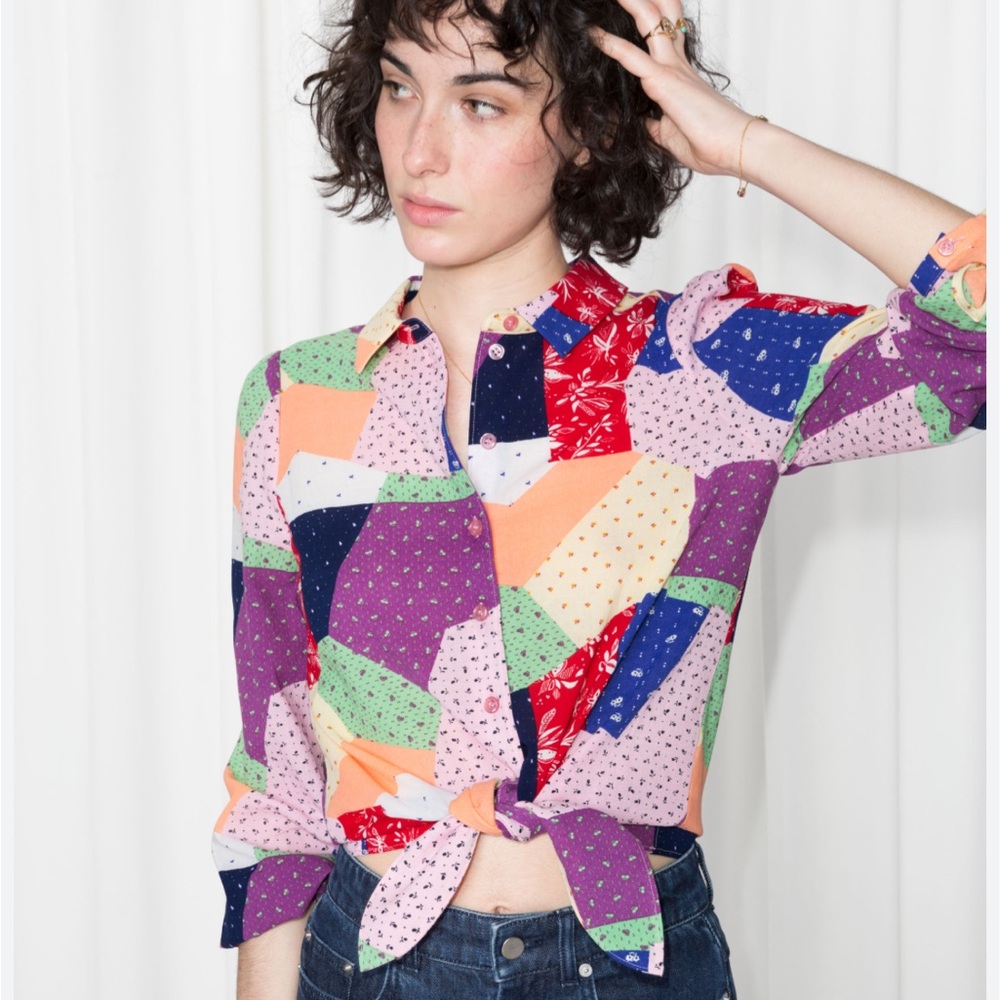 Vintage Style & Other Stories Patchwork Crop Tie Long Sleeve Blouse Size S M